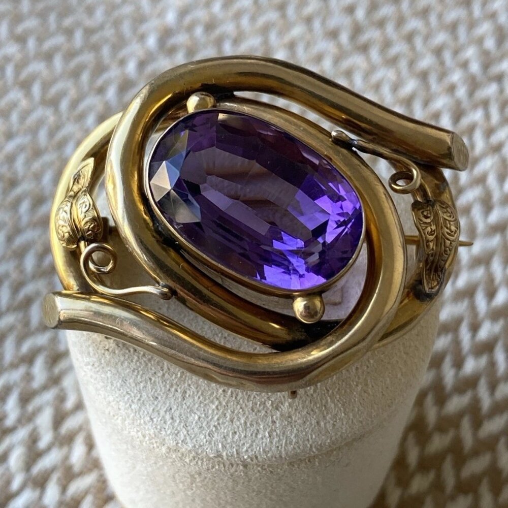 Vintage 10K Gold Amethyst Brooch – Handmade Retro Era, 12.88 g